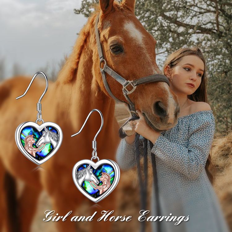 Horse and Girl Heart Shaped Earrings with Abalone Shell