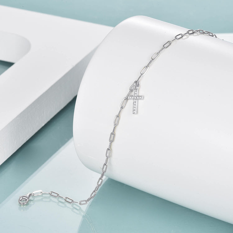 925 Sterling Silver Crystal Cross Bracelet In Clip Link Chain