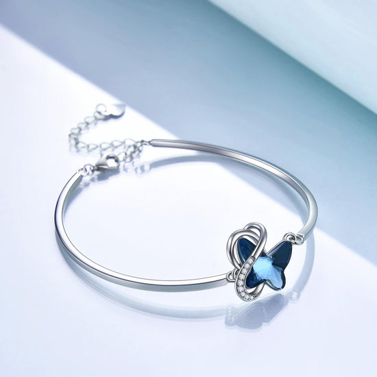 925 Sterling Silver Blue Butterfly Swarovski Crystal Bangle Bracelet Birthday Gift for Women Girls - onlyone