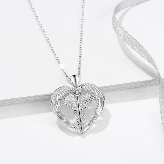 925 Sterling Silver Caduceus Angel Nursing Themed Pendant Necklace - onlyone