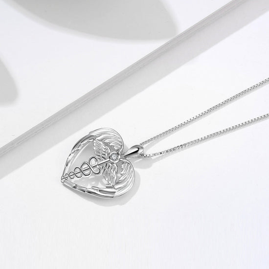 925 Sterling Silver Caduceus Angel Nursing Themed Pendant Necklace - onlyone