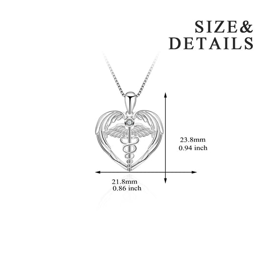 925 Sterling Silver Caduceus Angel Nursing Themed Pendant Necklace - onlyone