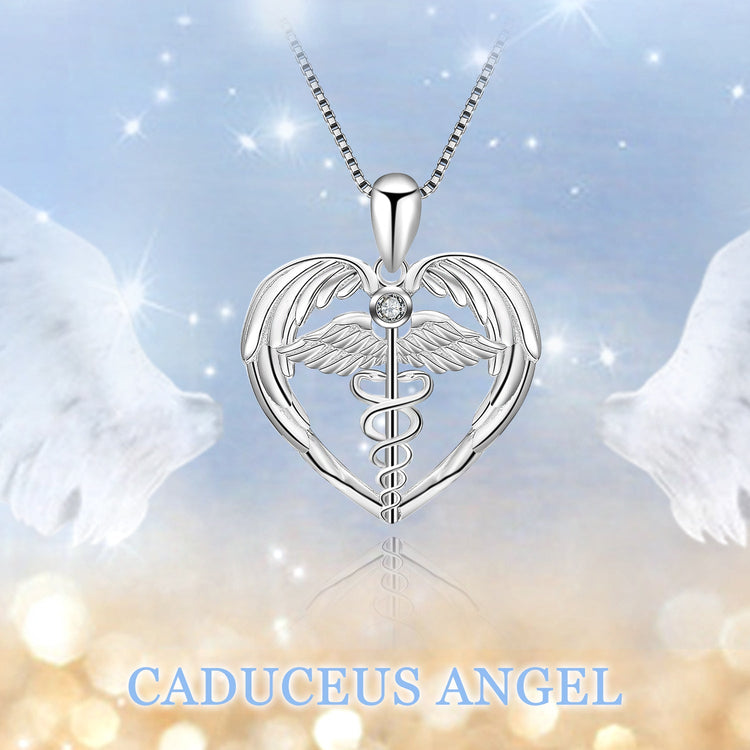 925 Sterling Silver Caduceus Angel Nursing Themed Pendant Necklace - onlyone