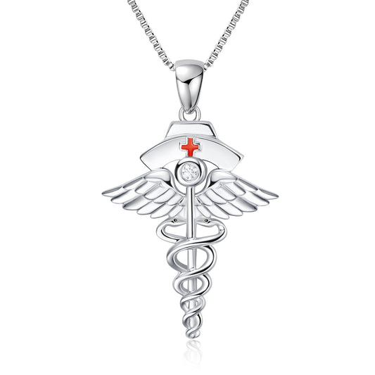 925 Sterling Silver Nurse Necklace Caduceus Angel Nursing Themed Pendant Necklace for Women Girls - onlyone