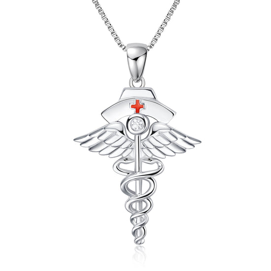 925 Sterling Silver Nurse Necklace Caduceus Angel Nursing Themed Pendant Necklace for Women Girls - onlyone