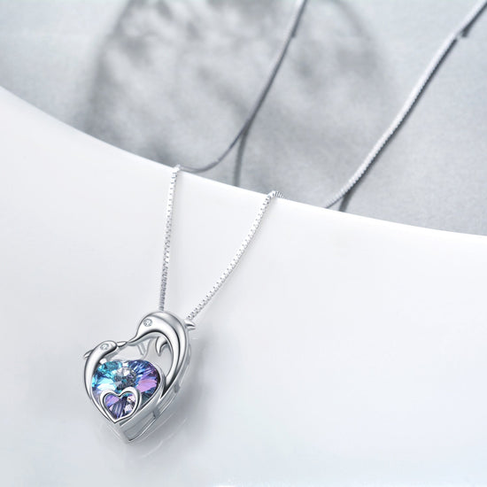925 Sterling Silver Crystal Heart-Dolphin Necklace - onlyone