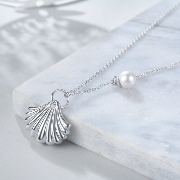 925 Sterling Silver Shell And Pearl Necklace - onlyone