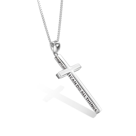 925 Sterling Silver Philippians 4:13 Cross Pendant Strength Bible Verse Necklace 3D Engraved Cross Necklace For Women - onlyone