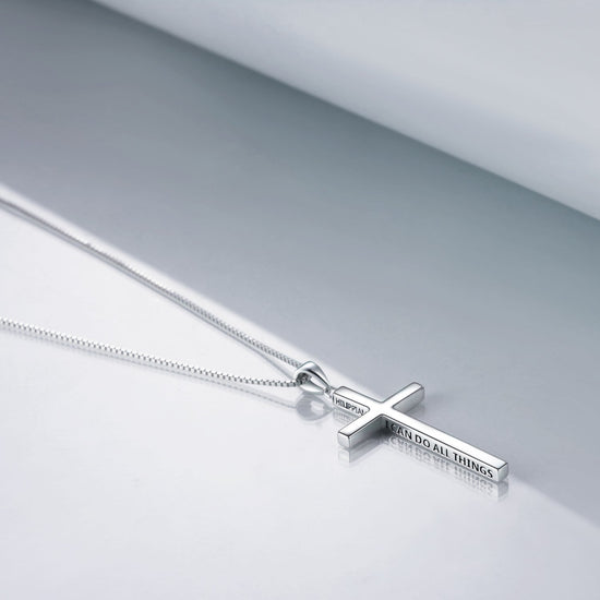 925 Sterling Silver Philippians 4:13 Cross Pendant Strength Bible Verse Necklace 3D Engraved Cross Necklace For Women - onlyone