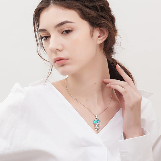 925 Sterling Silver Opal Jellyfish Necklace - onlyone
