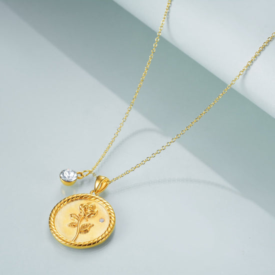 925 Sterling Silver Rose Coin Pendant Necklace With Cubic Zircon - onlyone