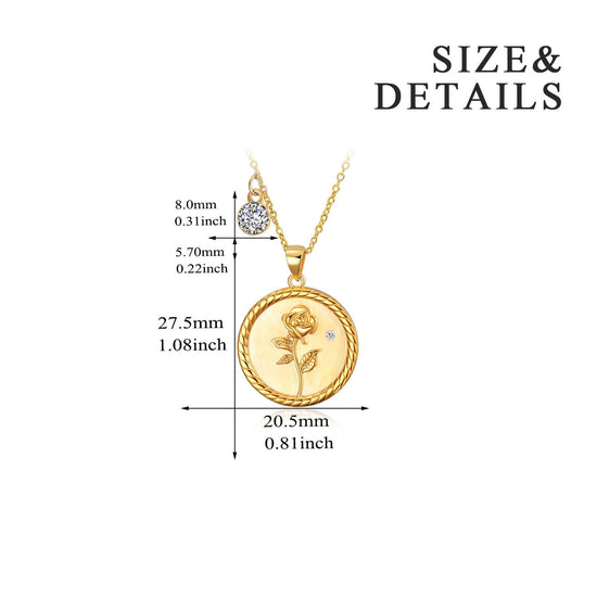 925 Sterling Silver Rose Coin Pendant Necklace With Cubic Zircon - onlyone