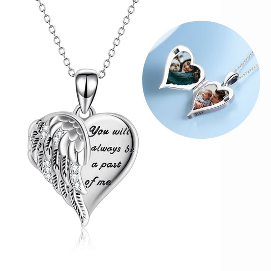 925 Sterling Silver Angel Wing Heart Photo Locket Necklace, You Will Always Be a Part Of Me
