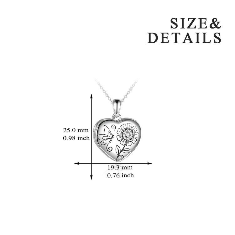 925 Sterling Silver Heart Flowers And Butterfly Photo Locket Necklace - onlyone