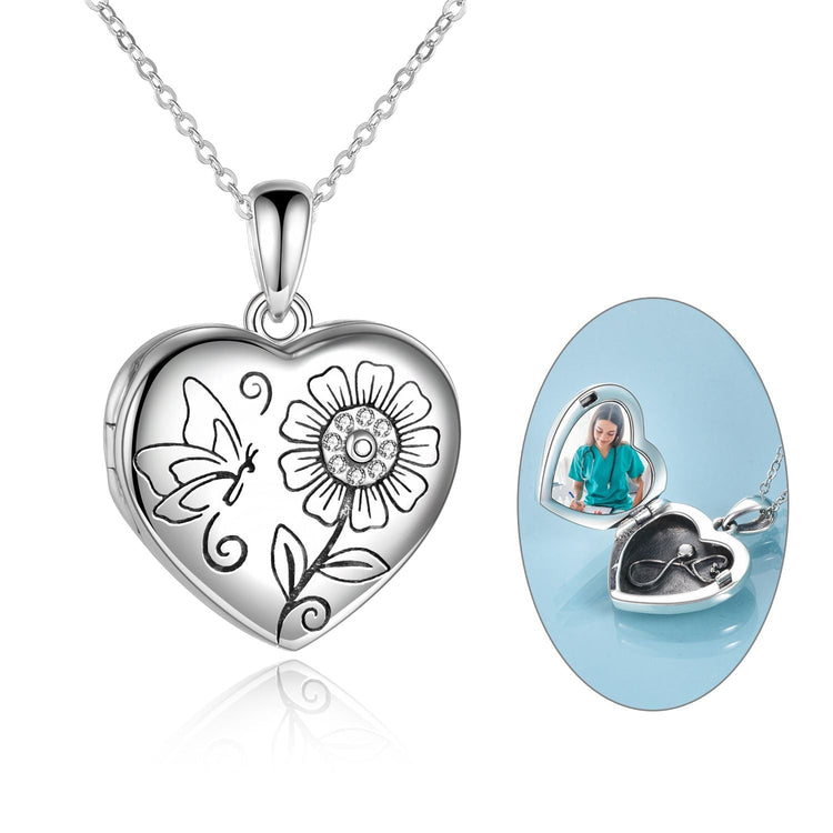 925 Sterling Silver Heart Flowers And Butterfly Photo Locket Necklace - onlyone