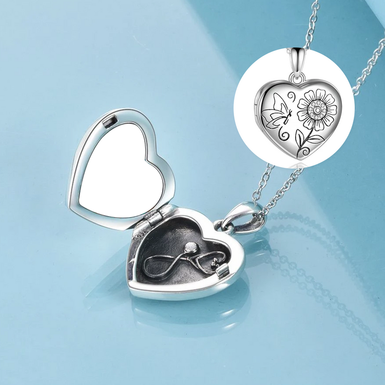 925 Sterling Silver Heart Flowers And Butterfly Heart Photo Locket Necklace