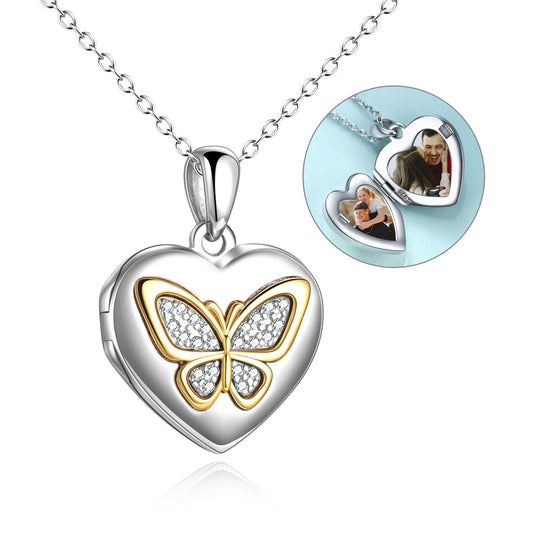 925 Sterling Silver Heart Butterfly Photo Locket Necklaces - onlyone
