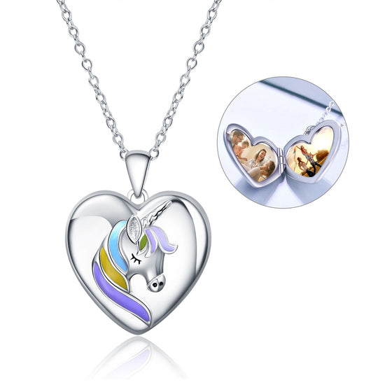 925 Sterling Silver Heart Unicorn Custom Photo Locket Necklace - onlyone