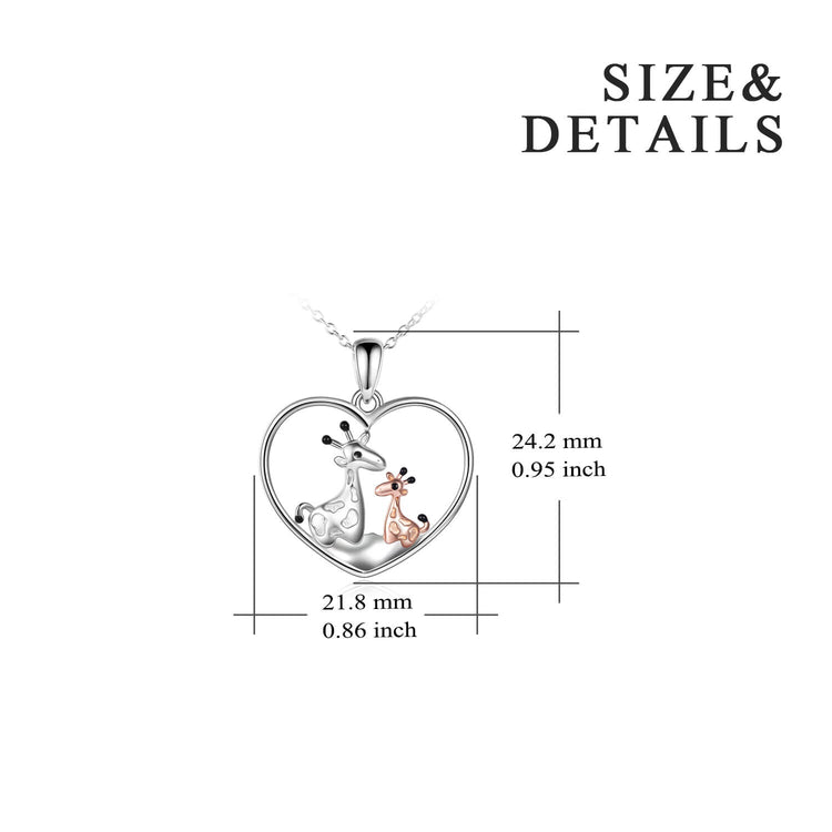 925 Sterling Silver Giraffe Mom and Child Heart Necklace