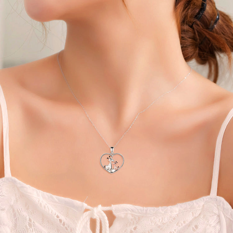 925 Sterling Silver Giraffe Mom and Child Heart Necklace