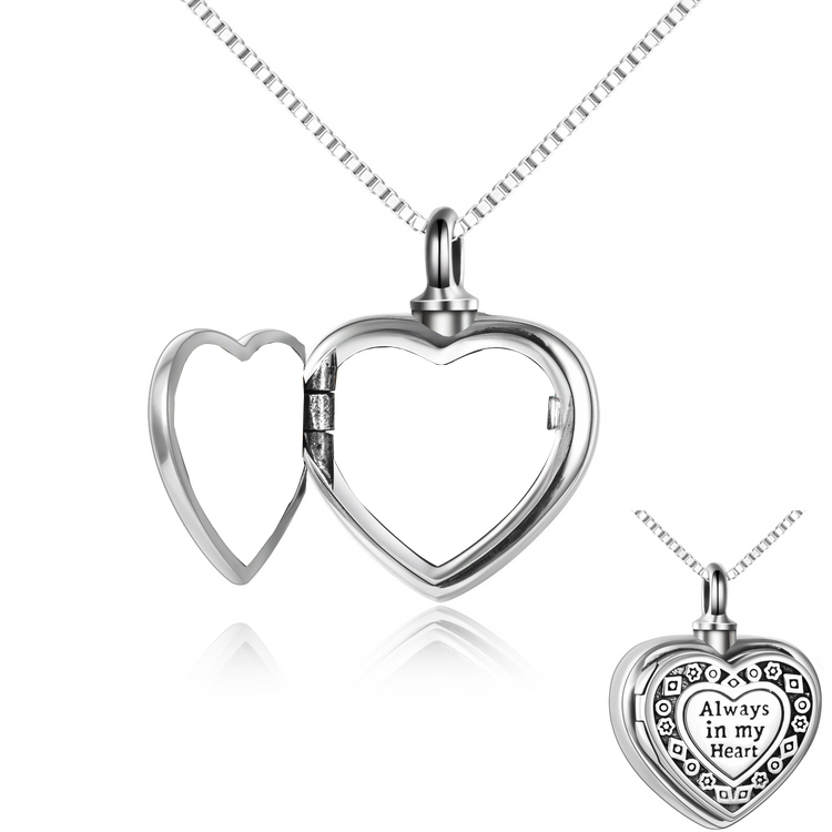925 Sterling Silver Always in My Heart Urn Necklace for Ashes Custom Heart Photo Keepsake Necklace Cremation Jewelry