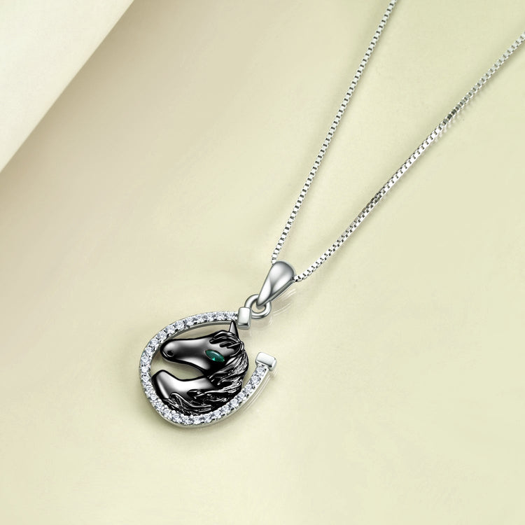 925 Sterling Silver Lucky Horseshoe and Horse Pendant Necklace - onlyone