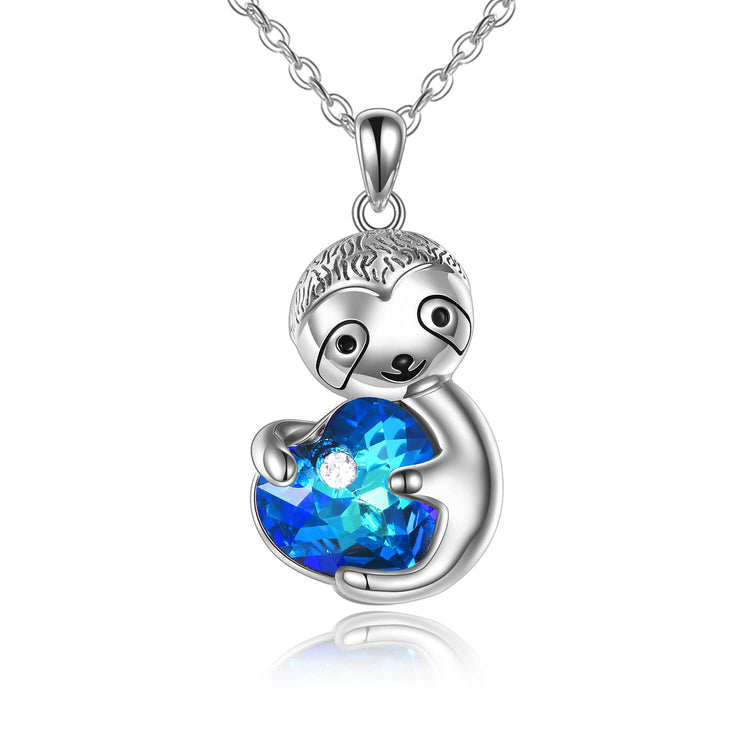 925 Sterling Silver Sloth Holding A Crystal Heart Necklace