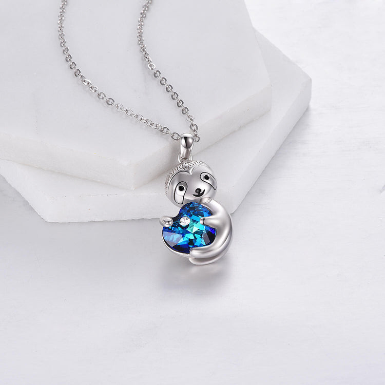 925 Sterling Silver Sloth Holding A Crystal Heart Necklace