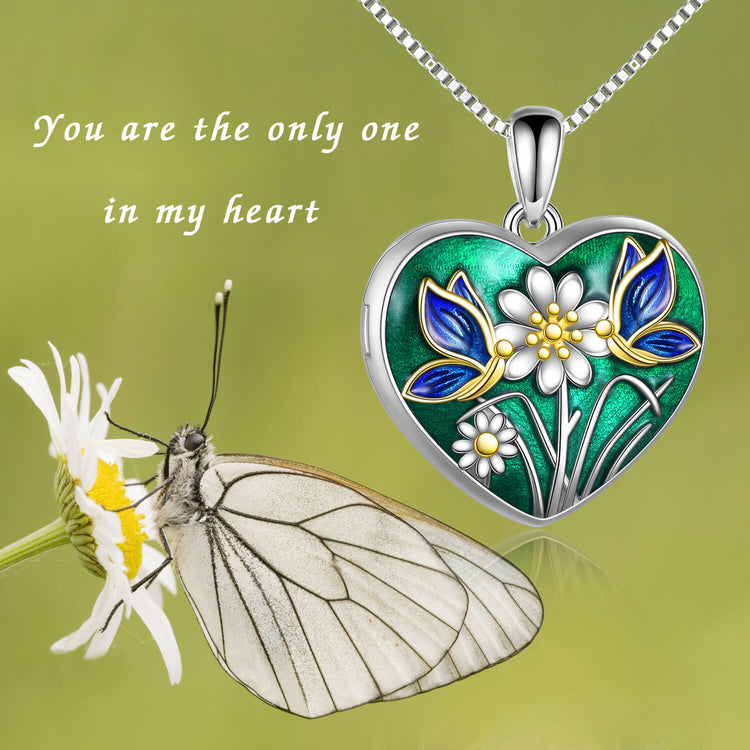 925 Sterling Silver Flower And Butterfly Heart Photo Locket Necklace