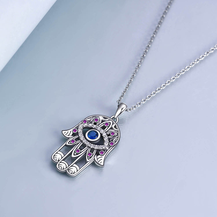 925 Sterling Silver With Cubic Zirconia Hamsa Hand Pendant Necklace