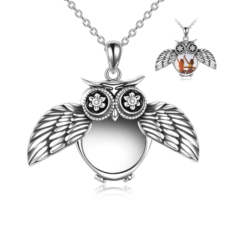 925 Sterling Silver Cute Owl Round Photo Locket Necklace