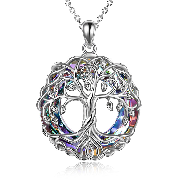 925 Sterling Silver Family Tree Pendant Necklace Tree of Life Necklace Jewelry with Crystal
