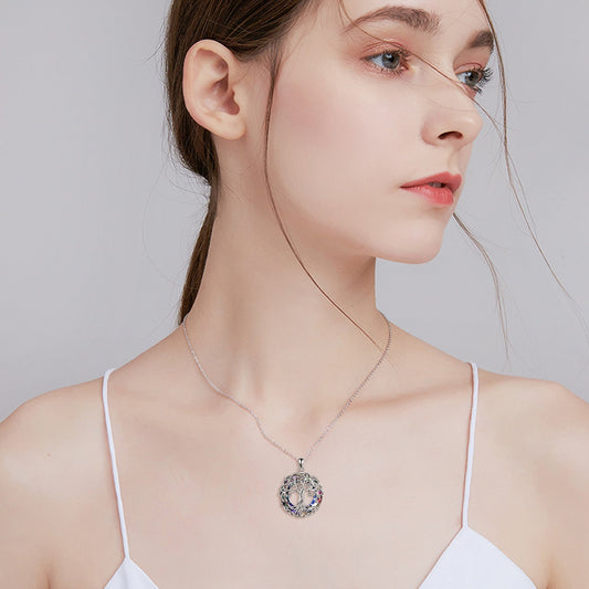 925 Sterling Silver Family Tree Pendant Necklace Tree of Life Necklace Jewelry with Crystal