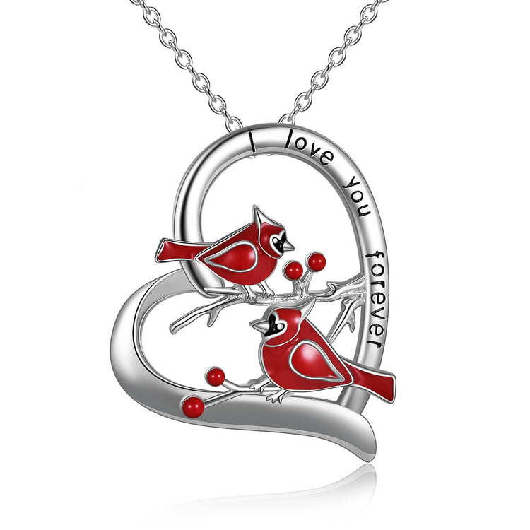 925 Sterling Silver Red Cardinal Heart Necklace