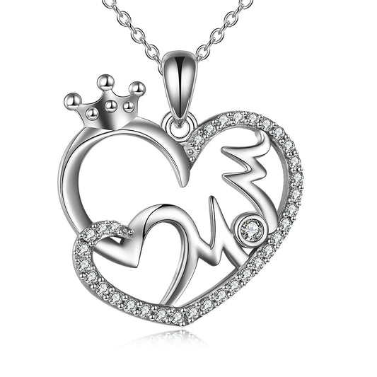 925 Sterling Silver Mom Crown Heart Necklace