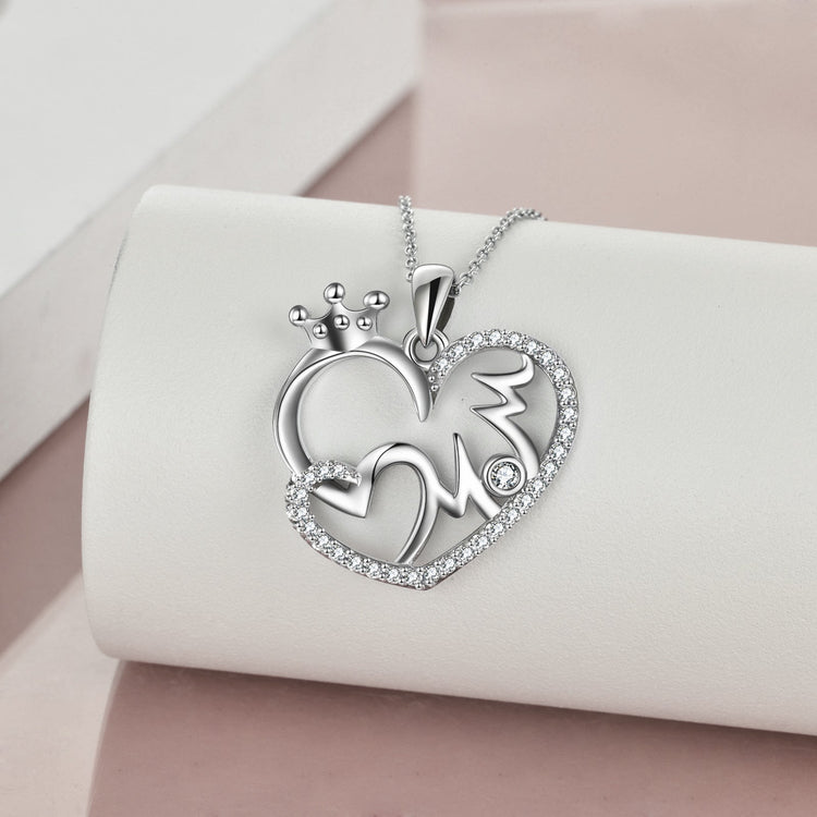 925 Sterling Silver Mom Crown Heart Necklace