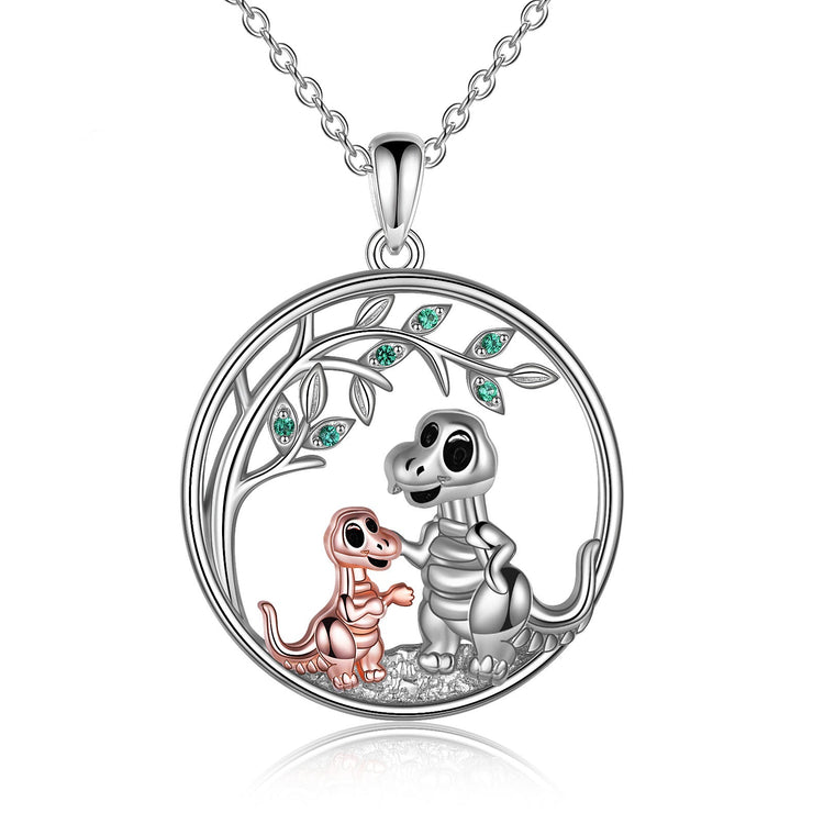 925 Sterling Silver Dinosaur Mom And Child Necklace