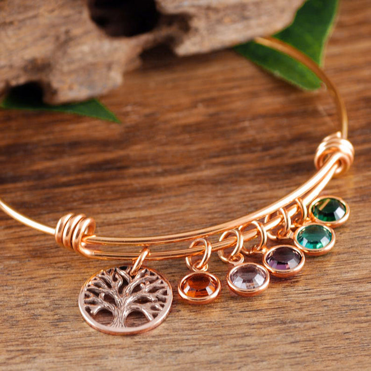925 Sterling Silver Tree of Life Bangle with Birthstone Charms