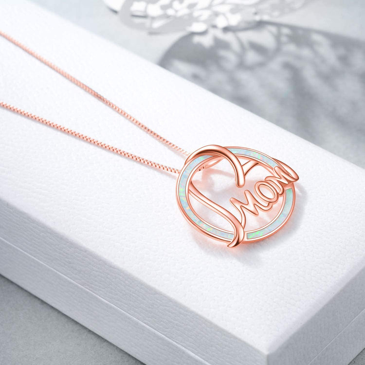 925 Sterling Silver Rose Gold Heart Mom Necklace With Simulated Opal