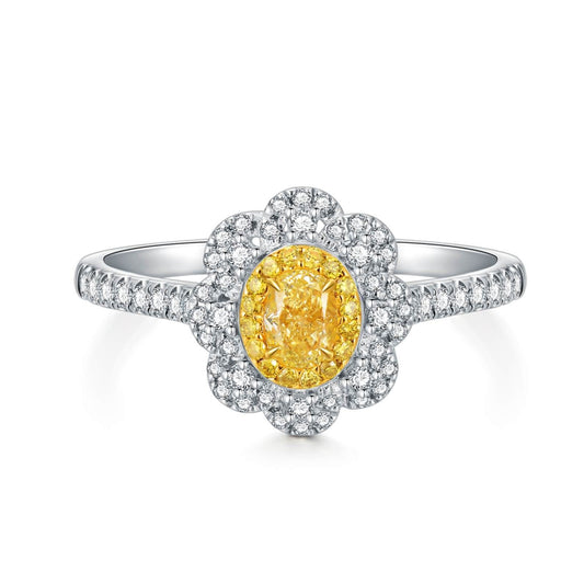 AU750 Halo Flower Yellow Diamond Engagement Ring
