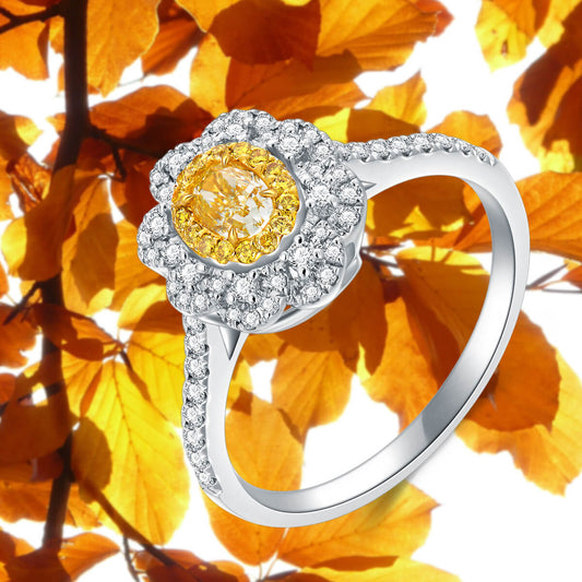 AU750 Halo Flower Yellow Diamond Engagement Ring