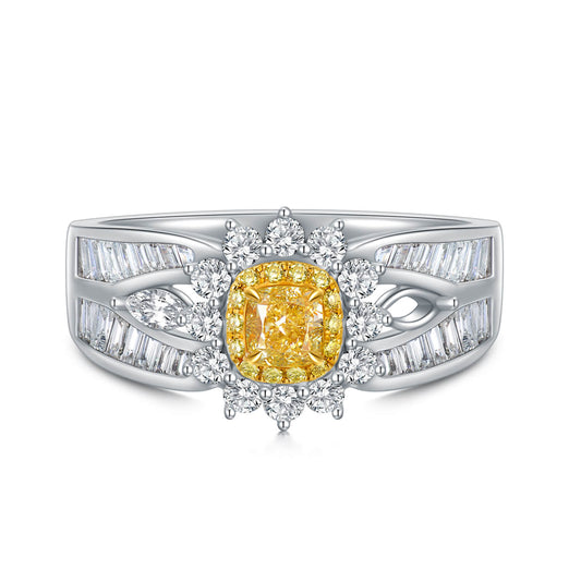 18K Flower Halo Cushion Yellow Diamond Ring