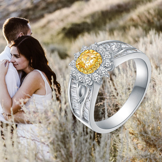 18K Flower Halo Cushion Yellow Diamond Ring