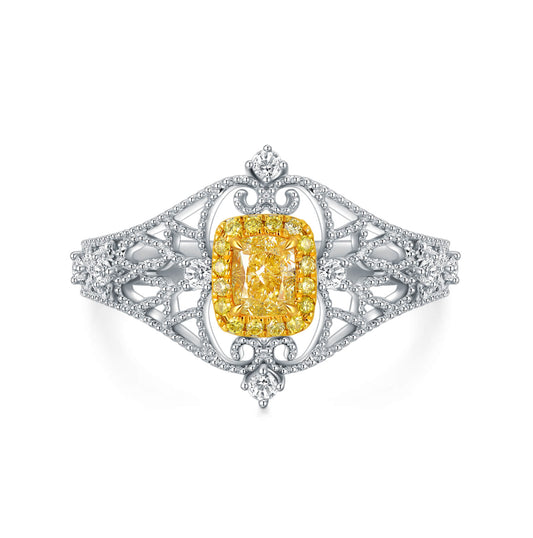 18K Vintage Cushion Yellow Diamond Ring
