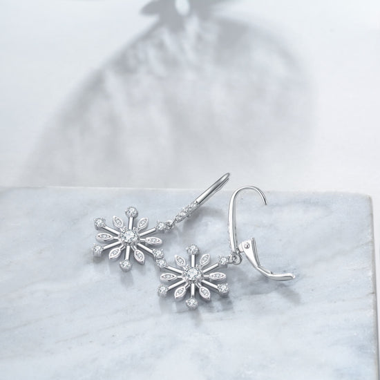 925 Sterling Silver Cubic Zirconia Snowflake Leverback Earrings Drop & Dangle Earrings Christmas Gift - onlyone