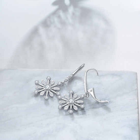 925 Sterling Silver Cubic Zirconia Snowflake Leverback Earrings Drop & Dangle Earrings Christmas Gift - onlyone