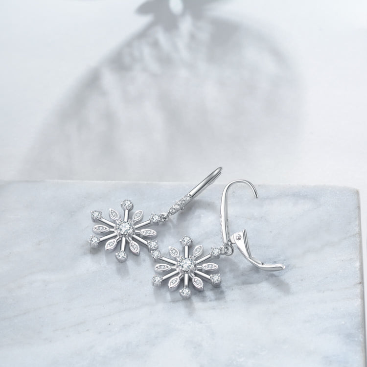 925 Sterling Silver Cubic Zirconia Snowflake Leverback Earrings Drop & Dangle Earrings Christmas Gift - onlyone