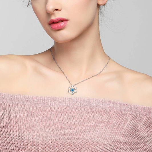 925 Sterling Silver Snowflake Pendant Necklace With Sky Blue Cubic Zirconia Christmas Gift - onlyone