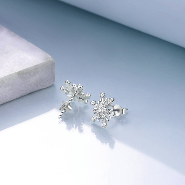 925 Sterling Silver Snowflake Stud Earrings With Cubic Zirconia Winter Gift - onlyone