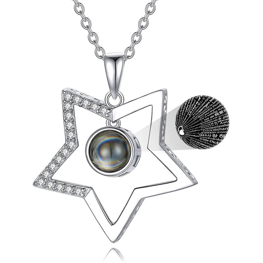 925 Sterling Silver Star  Necklace with 100 Languages I Love You Stone